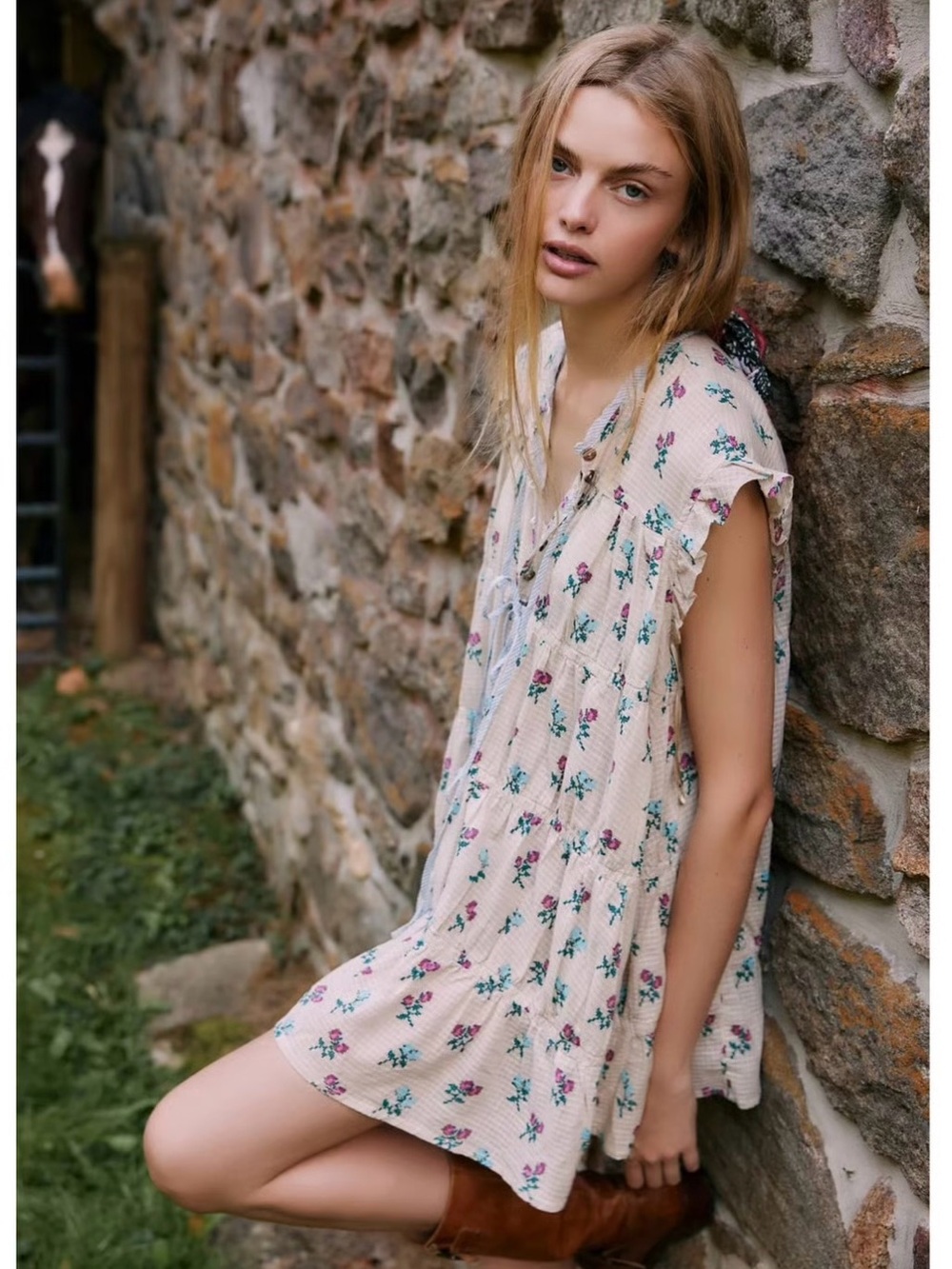 FREE PEOPLE - NWT -  Cream Floral Mini Dress with Pink & Blue & Green Print